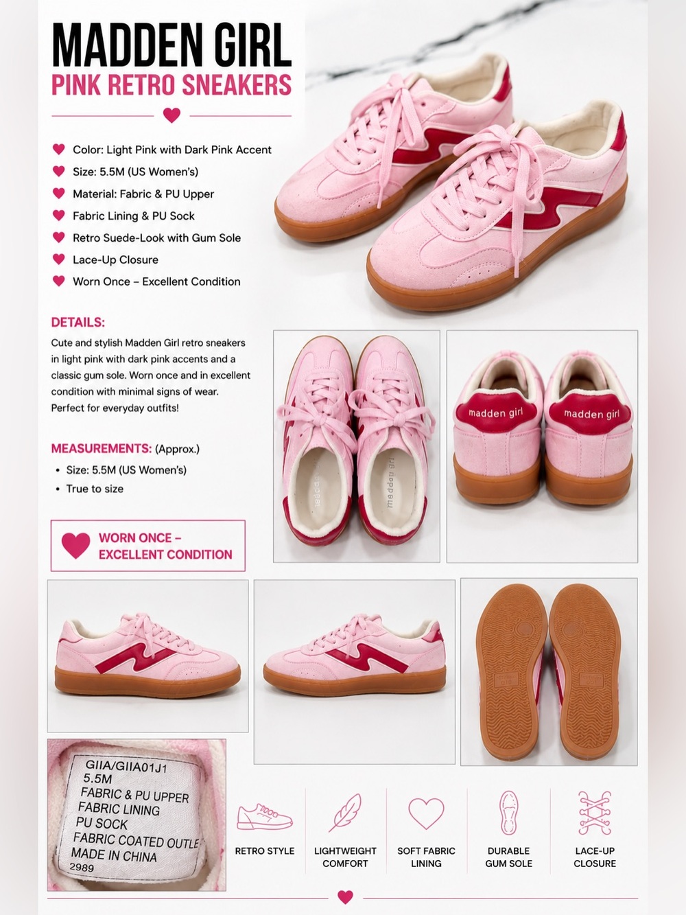 Madden Girl Pink Retro Sneakers Size 5.5